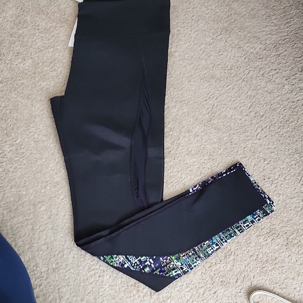 Fabletics Black Leggings with Colorful Patterned Trim Medium